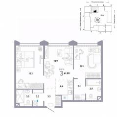 ЖК «Страна.Озерная», планировка 3-комнатной квартиры, 61.00 м²