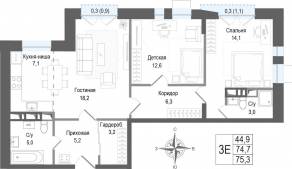 ЖК «Киноквартал», планировка 3-комнатной квартиры, 74.80 м²