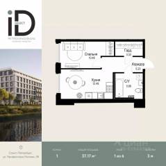 ЖК «ID Petrogradskaya», планировка 1-комнатной квартиры, 37.17 м²