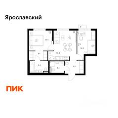 ЖК «Ярославский», планировка 2-комнатной квартиры, 52.80 м²