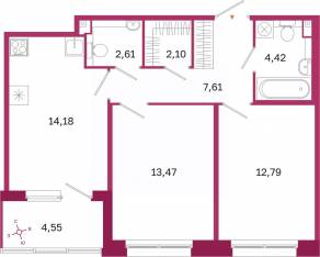 ЖК «Дом на Курской», планировка 2-комнатной квартиры, 59.46 м²