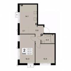 ЖК «Куркино 15», планировка 2-комнатной квартиры, 55.80 м²