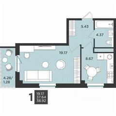 МЖК «Новокасимово», планировка 1-комнатной квартиры, 38.92 м²