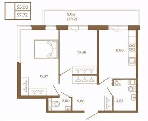 МЖК «Новая история», планировка 2-комнатной квартиры, 57.72 м²