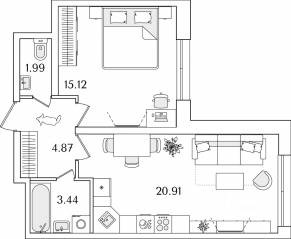 ЖК «БелАрт», планировка 1-комнатной квартиры, 46.33 м²