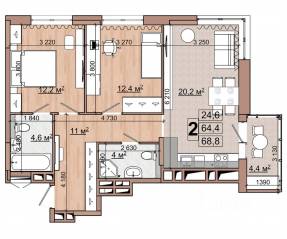 ЖК «Гранд Комфорт», планировка 2-комнатной квартиры, 68.80 м²
