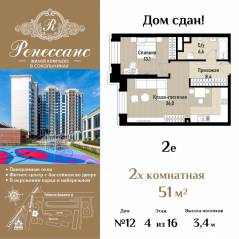 ЖК «Ренессанс», планировка 2-комнатной квартиры, 51.00 м²