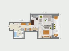 ЖК «Эко-квартал Гармония», планировка 1-комнатной квартиры, 45.04 м²