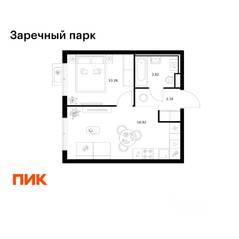 ЖК «Заречный парк», планировка 1-комнатной квартиры, 34.34 м²