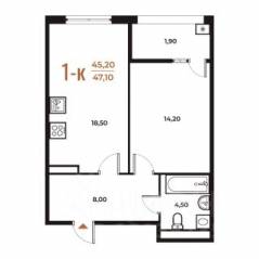 ЖК «Новое Летово», планировка 1-комнатной квартиры, 47.10 м²