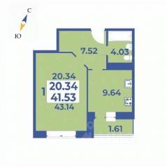 ЖК «Эдельвейс» (ЦентрСтрой), планировка 1-комнатной квартиры, 43.14 м²