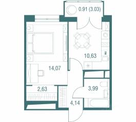 ЖК «Одинбург», планировка 1-комнатной квартиры, 36.37 м²