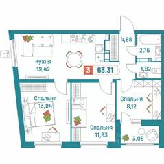 ЖК «Графика», планировка 3-комнатной квартиры, 63.31 м²
