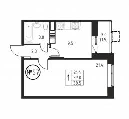 ЖК «Космос», планировка 1-комнатной квартиры, 38.50 м²