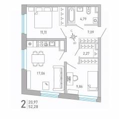 ЖК «Министр», планировка 2-комнатной квартиры, 52.28 м²
