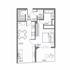 Апарт-комплекс «Residence 15», планировка 2-комнатной квартиры, 52.40 м²