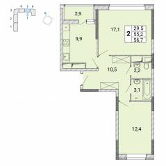 ЖК «Центр-2», планировка 2-комнатной квартиры, 56.80 м²
