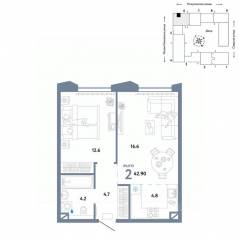 ЖК «Страна.Озерная», планировка 2-комнатной квартиры, 42.90 м²