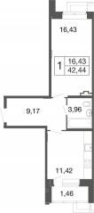 ЖК «Времена года», планировка 1-комнатной квартиры, 42.44 м²