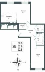 ЖК «Киноквартал», планировка 2-комнатной квартиры, 62.80 м²
