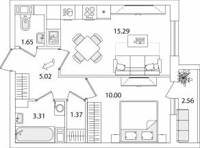 ЖК «Кинопарк», планировка 1-комнатной квартиры, 37.92 м²