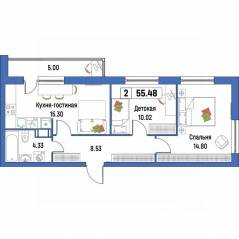 ЖК «Урбанист», планировка 2-комнатной квартиры, 55.48 м²