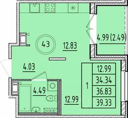 МЖК «Образцовый квартал 17», планировка 1-комнатной квартиры, 34.34 м²