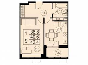 ЖК «River Park», планировка 1-комнатной квартиры, 40.60 м²