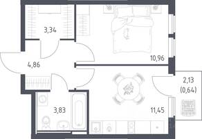 ЖК «Остафьево», планировка 1-комнатной квартиры, 35.08 м²