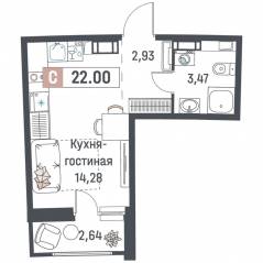 ЖК «Авиатор» (Девяткино), планировка студии, 22.00 м²