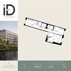 ЖК «ID Petrogradskaya», планировка 2-комнатной квартиры, 64.04 м²