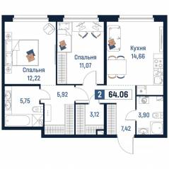 ЖК «Максималист», планировка 2-комнатной квартиры, 64.06 м²