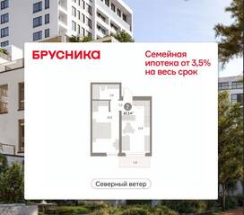 ЖК Квартал «Северный ветер», планировка 1-комнатной квартиры, 45.08 м²