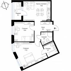 МЖК «Экография», планировка 2-комнатной квартиры, 57.80 м²