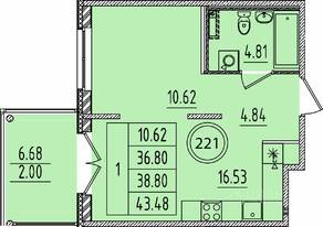 МЖК «Образцовый квартал 14», планировка 1-комнатной квартиры, 36.80 м²