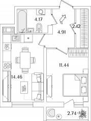 ЖК «Кинопарк», планировка 1-комнатной квартиры, 38.77 м²