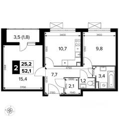 ЖК «Южная Битца», планировка 2-комнатной квартиры, 53.00 м²