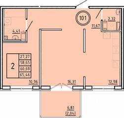 МЖК «Образцовый квартал 16», планировка 2-комнатной квартиры, 58.65 м²