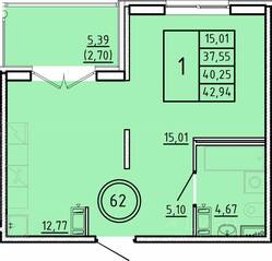 МЖК «Образцовый квартал 16», планировка 1-комнатной квартиры, 37.55 м²