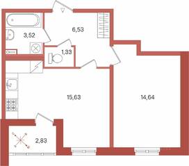 ЖК «Патио», планировка 1-комнатной квартиры, 43.07 м²