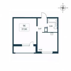 ЖК «Расцветай в Янино», планировка 1-комнатной квартиры, 37.80 м²