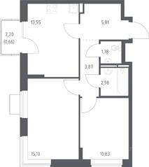 ЖК «Богдановский Лес», планировка 2-комнатной квартиры, 54.58 м²
