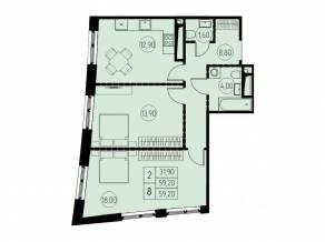 ЖК «7 небо», планировка 2-комнатной квартиры, 59.20 м²