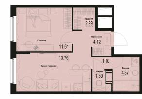 ЖК «ID Murino III», планировка 1-комнатной квартиры, 38.75 м²