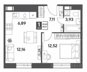 ЖК Арт-квартал «Публицист», планировка 1-комнатной квартиры, 42.61 м²