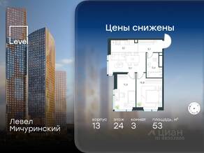 ЖК «Level Мичуринский», планировка 3-комнатной квартиры, 53.00 м²