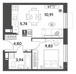 ЖК Арт-квартал «Публицист», планировка 1-комнатной квартиры, 35.22 м²