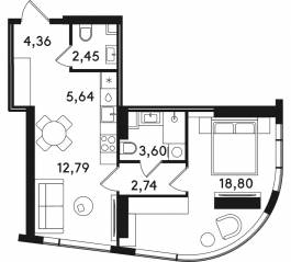 ЖК «Solos», планировка 1-комнатной квартиры, 50.38 м²