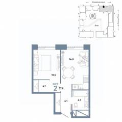 ЖК «Страна.Заречная», планировка 2-комнатной квартиры, 37.60 м²