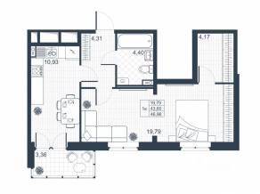 ЖК «Ново-Антропшино», планировка 1-комнатной квартиры, 45.28 м²